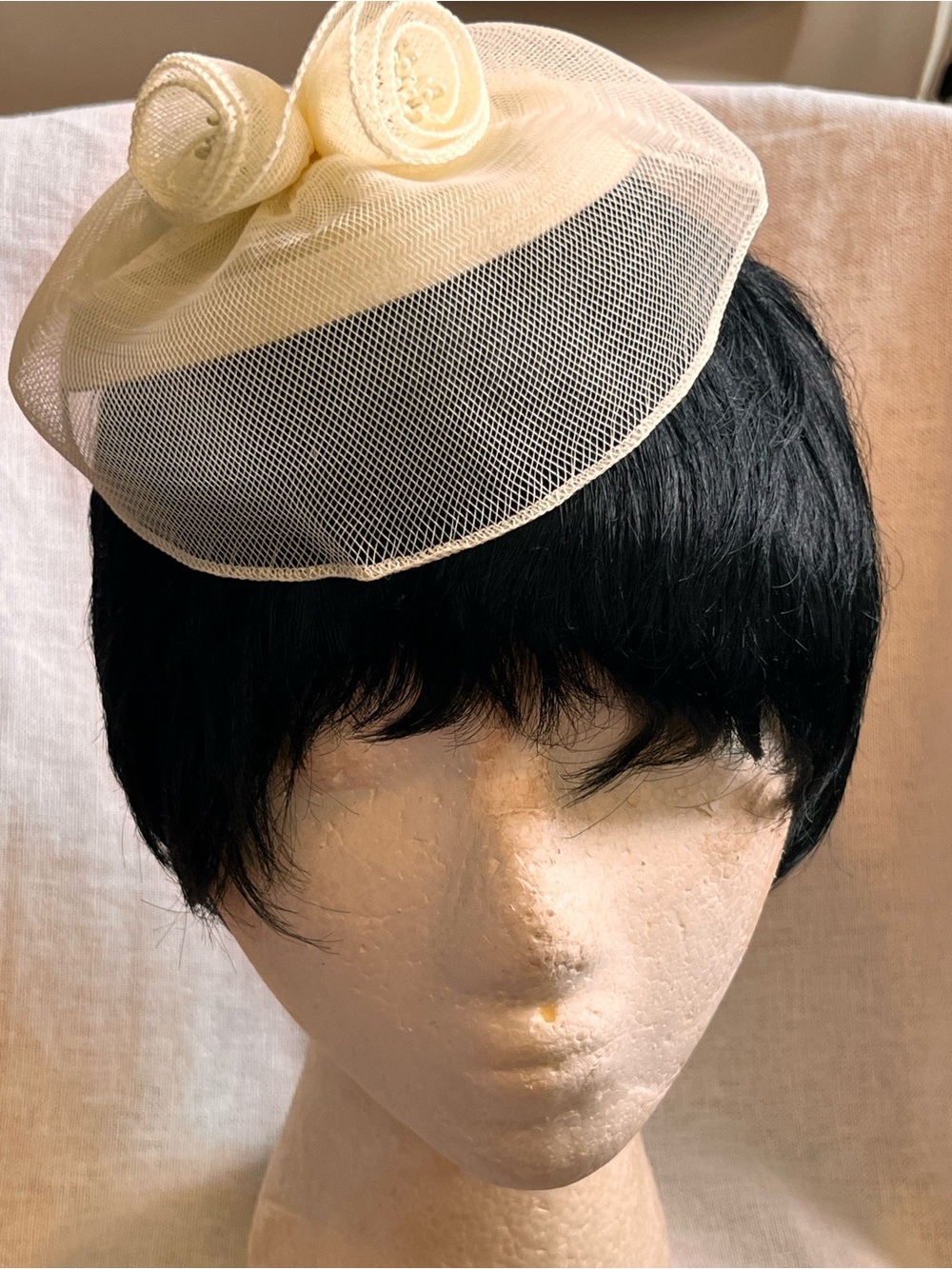 Ivory Mini Fascinator Pillbox Hat with Rosette Accents